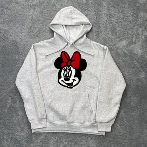 Disney Minnie Mouse Hoodie Womens Medium Gray Heather Crochet Patch Fleece Lined